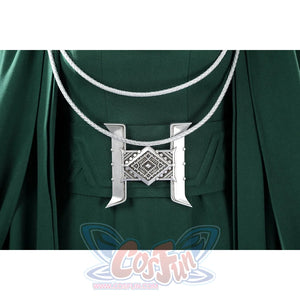Latverian Witch cosplay costume centers the silver-tone necklace accessory over the deep green brushed twill dress fabric.