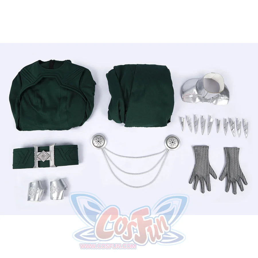 Latverian Witch cosplay costume centers green dress with cloak waist cincher collar silver-tone necklace claws and wrist.