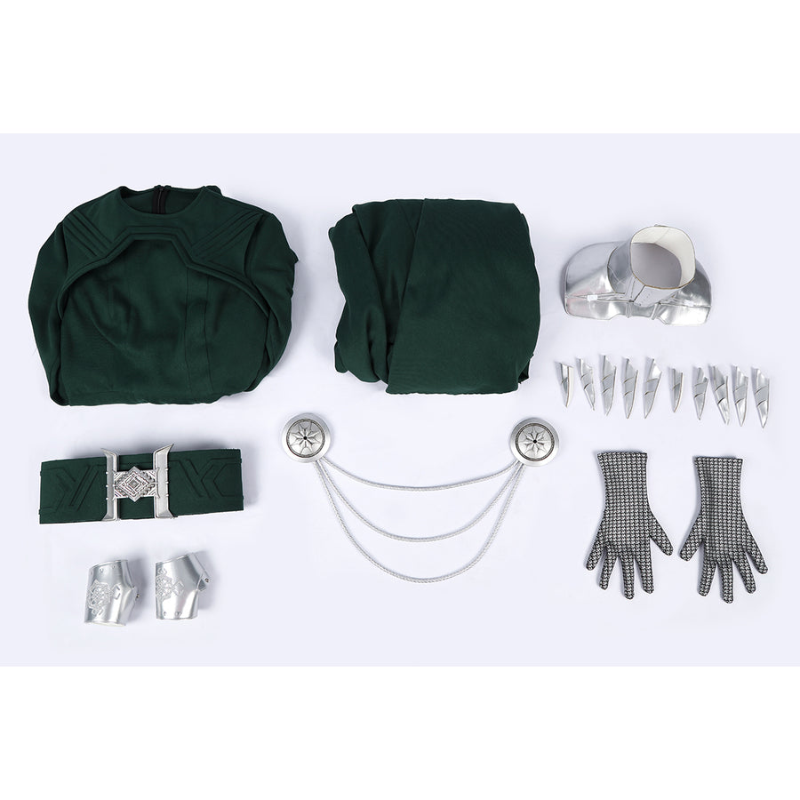 Latverian Witch cosplay costume centers green dress with cloak waist cincher collar silver-tone necklace claws and wrist.