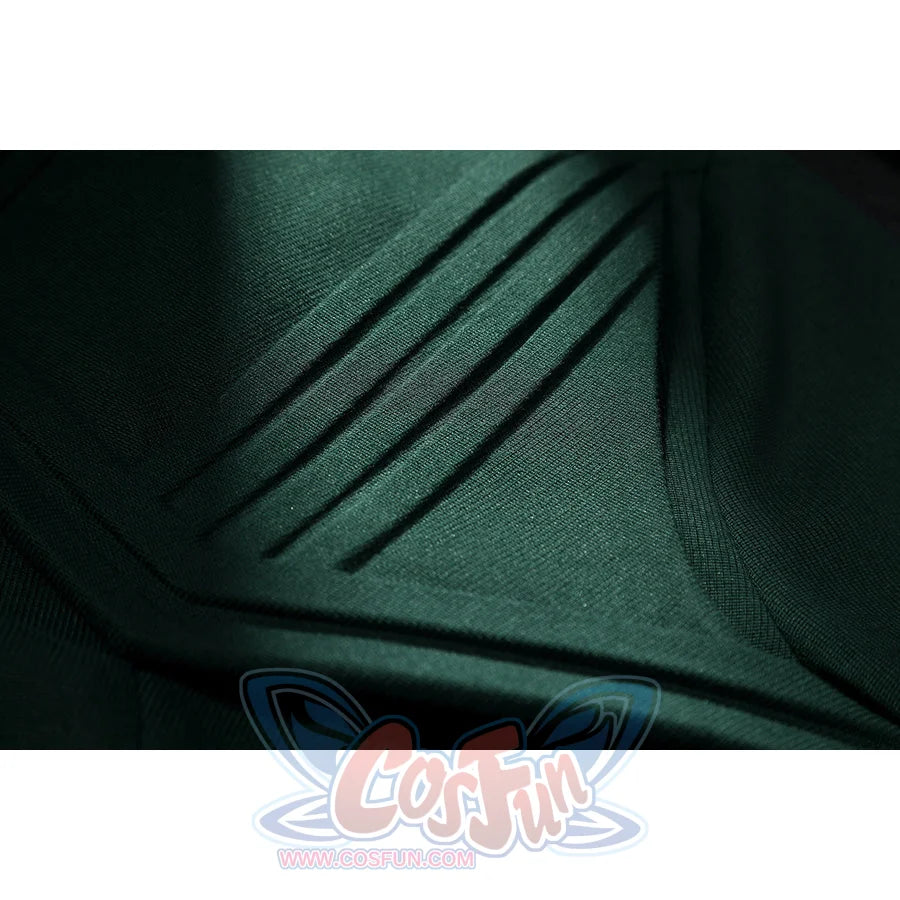 Latverian Witch cosplay costume frames dark green fabric with precise linear pleats that enhance the textured surface detail.