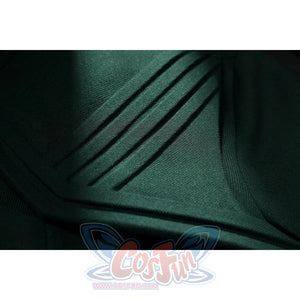 Latverian Witch cosplay costume frames dark green fabric with precise linear pleats that enhance the textured surface detail.
