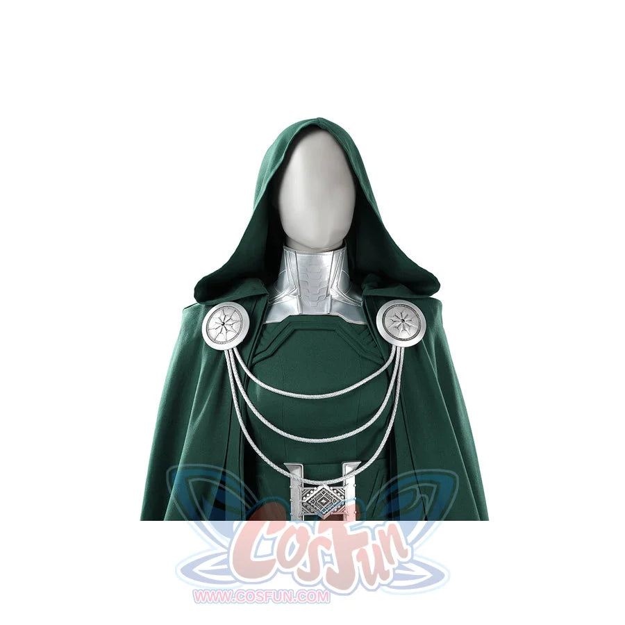 Latverian Witch cosplay costume frames the torso with a green hooded cloak layered over a structured silver-tone neck collar.