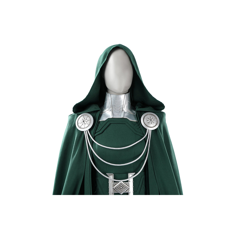 Latverian Witch cosplay costume frames the torso with a green hooded cloak layered over a structured silver-tone neck collar.