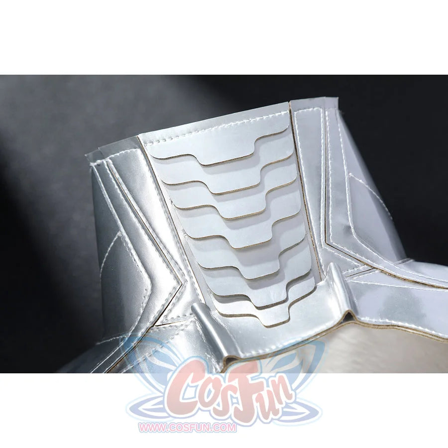 Latverian Witch cosplay costume frames the neck with overlapping silver-tone faux leather plates and precise stitching lines.