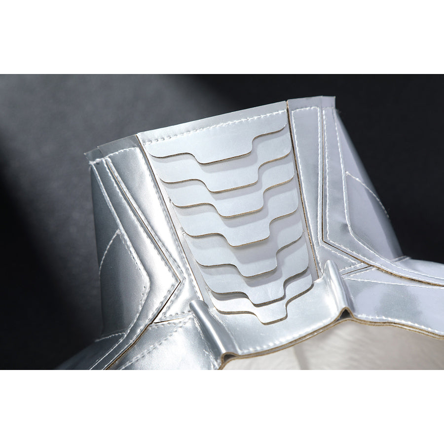 Latverian Witch cosplay costume frames the neck with overlapping silver-tone faux leather plates and precise stitching lines.