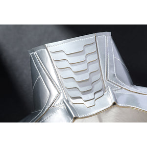 Latverian Witch cosplay costume frames the neck with overlapping silver-tone faux leather plates and precise stitching lines.