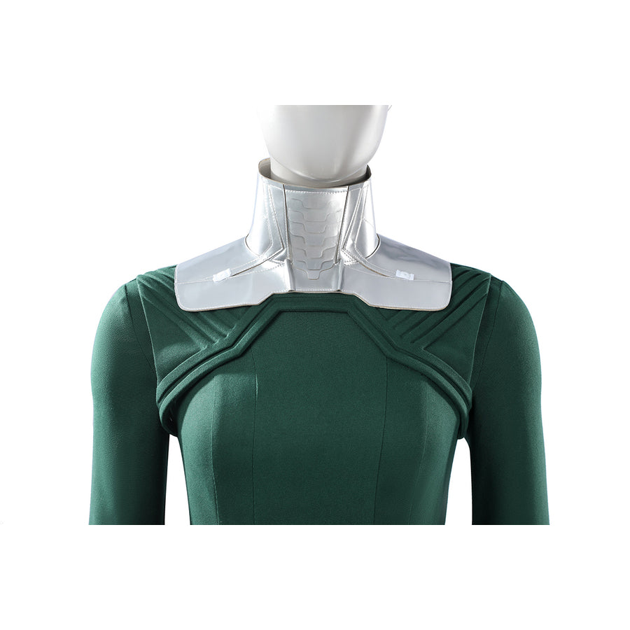 Latverian Witch cosplay costume frames the green dress with a structured silver-tone faux leather high neck collar piece.