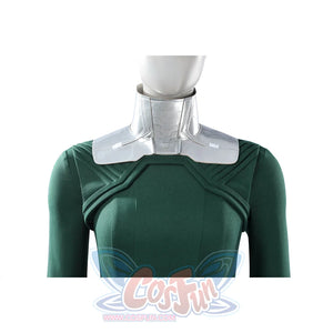 Latverian Witch cosplay costume frames the green dress with a structured silver-tone faux leather high neck collar piece.