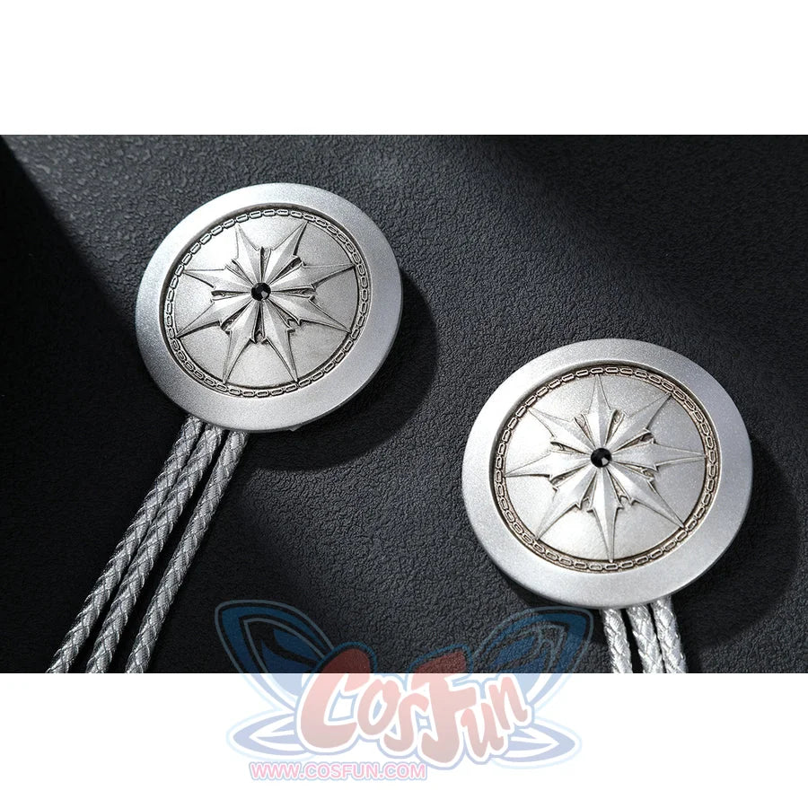 Latverian Witch cosplay costume frames two circular star emblems connected to detailed metallic silver-tone braided cords.
