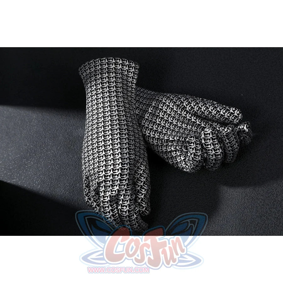 Latverian Witch cosplay costume frames metallic silver-tone patterned gloves with a detailed chainmail texture throughout.