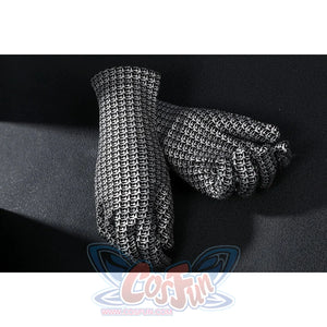Latverian Witch cosplay costume frames metallic silver-tone patterned gloves with a detailed chainmail texture throughout.