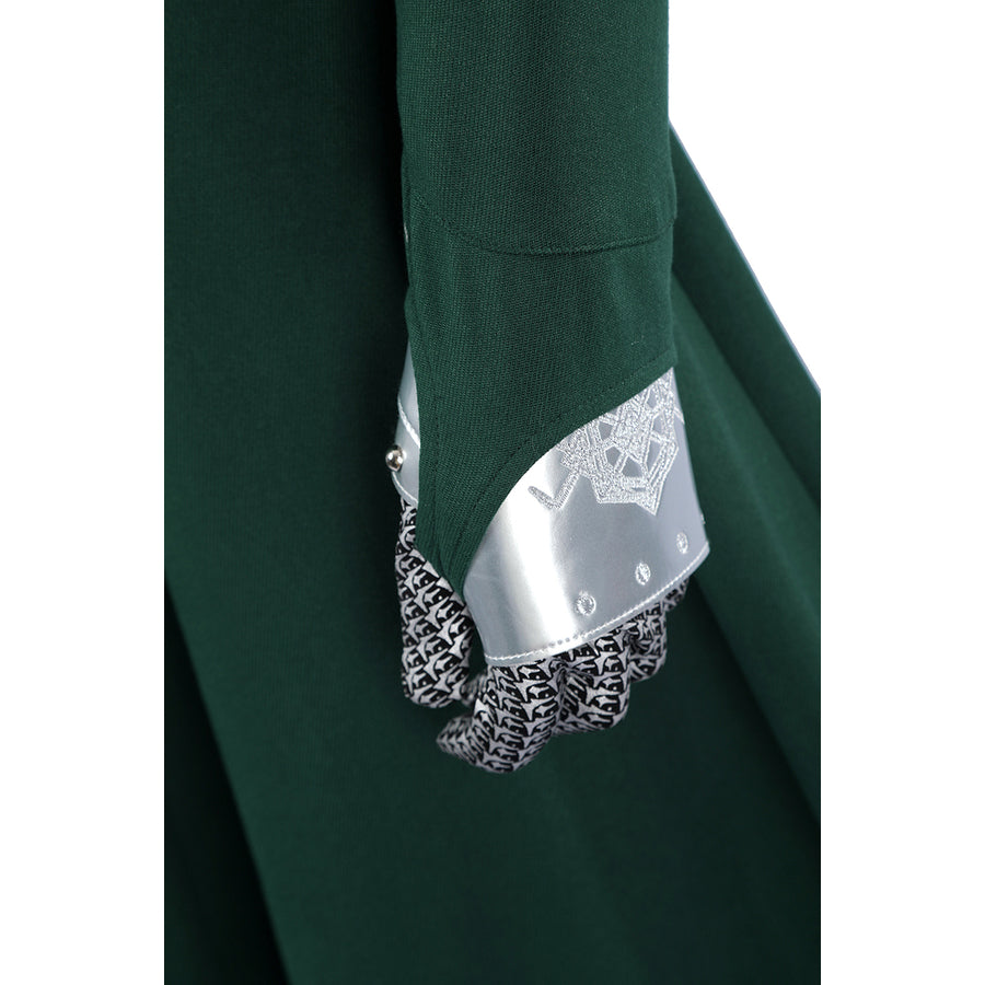 Latverian Witch cosplay costume centers dark green dress sleeve paired with silver-tone metallic wrist guard and patterned.