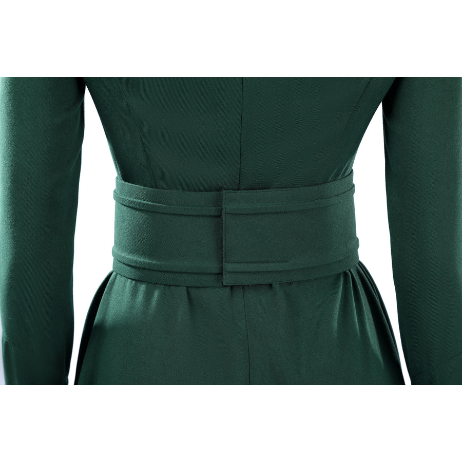 Latverian Witch cosplay costume gathers the brushed twill fabric with a fitted wide waist cincher for a clean silhouette.