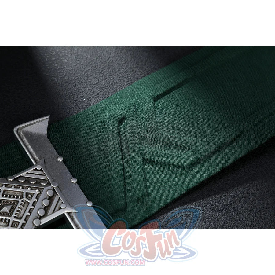 Latverian Witch cosplay costume traces a textured green waist cincher layered with a metallic engraved collar piece.