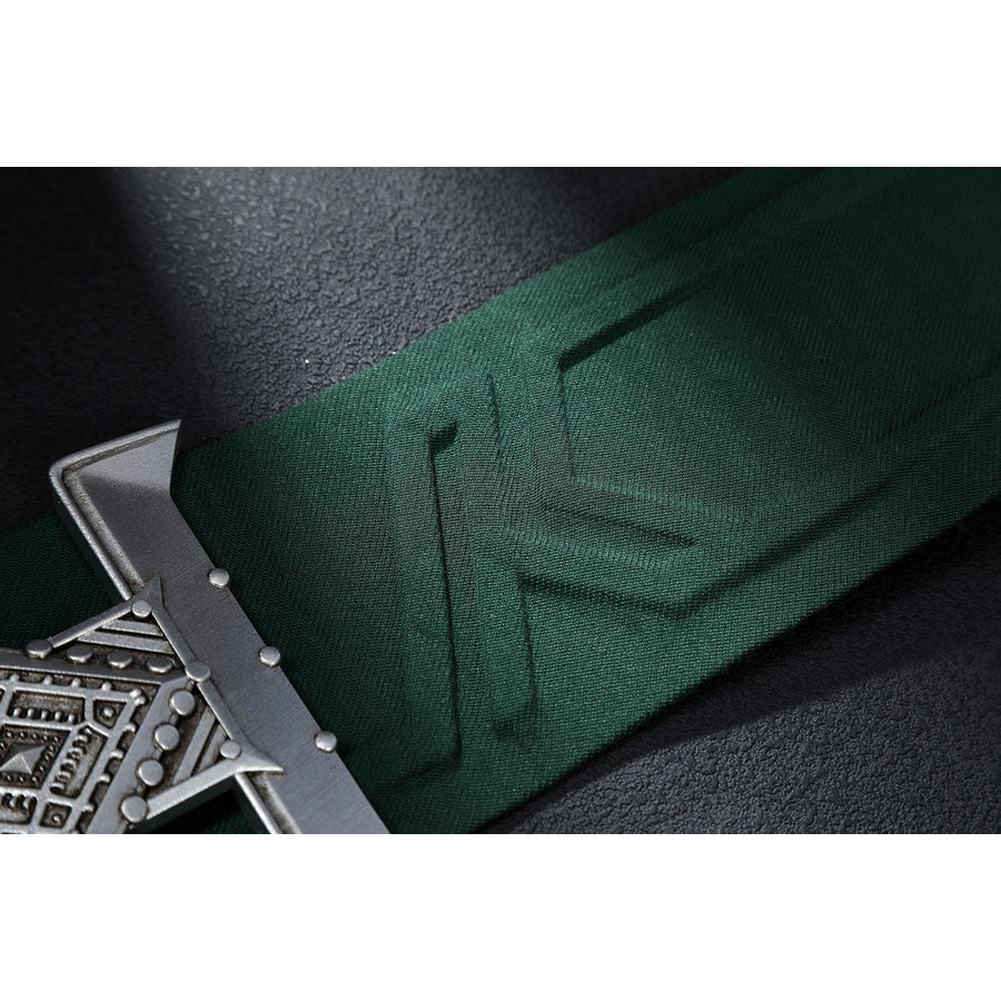 Latverian Witch cosplay costume traces a textured green waist cincher layered with a metallic engraved collar piece.