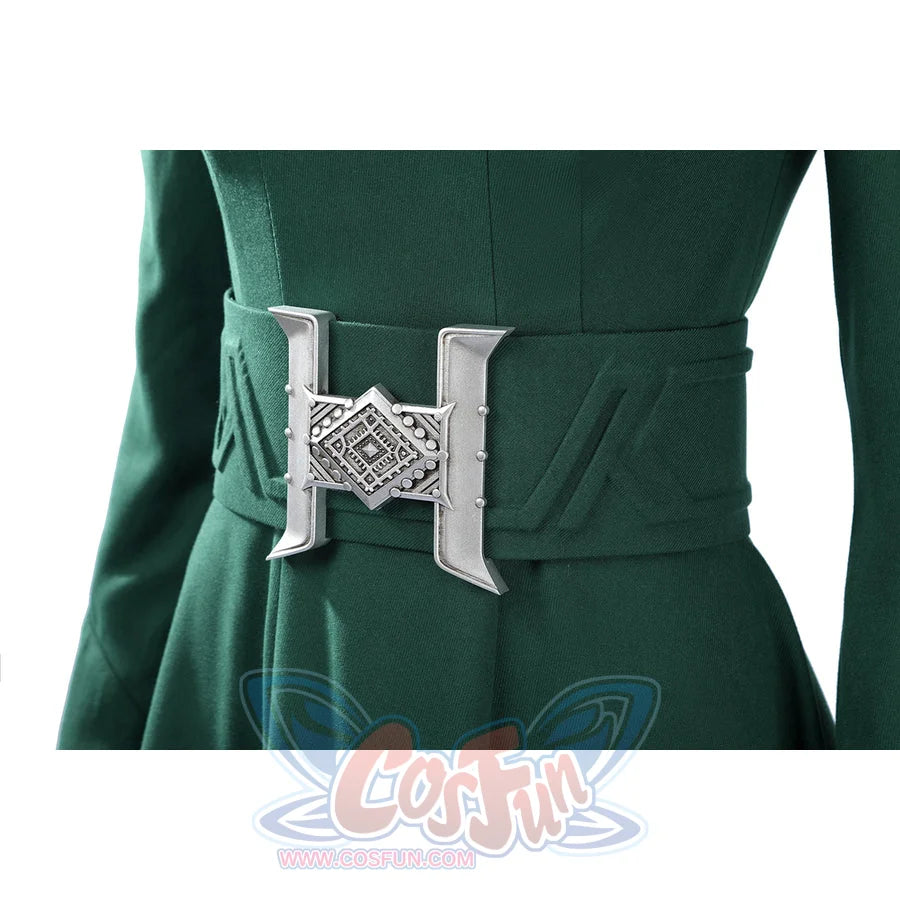 Latverian Witch cosplay costume centers green waist cincher with textured detail and silver-tone metallic buckle.