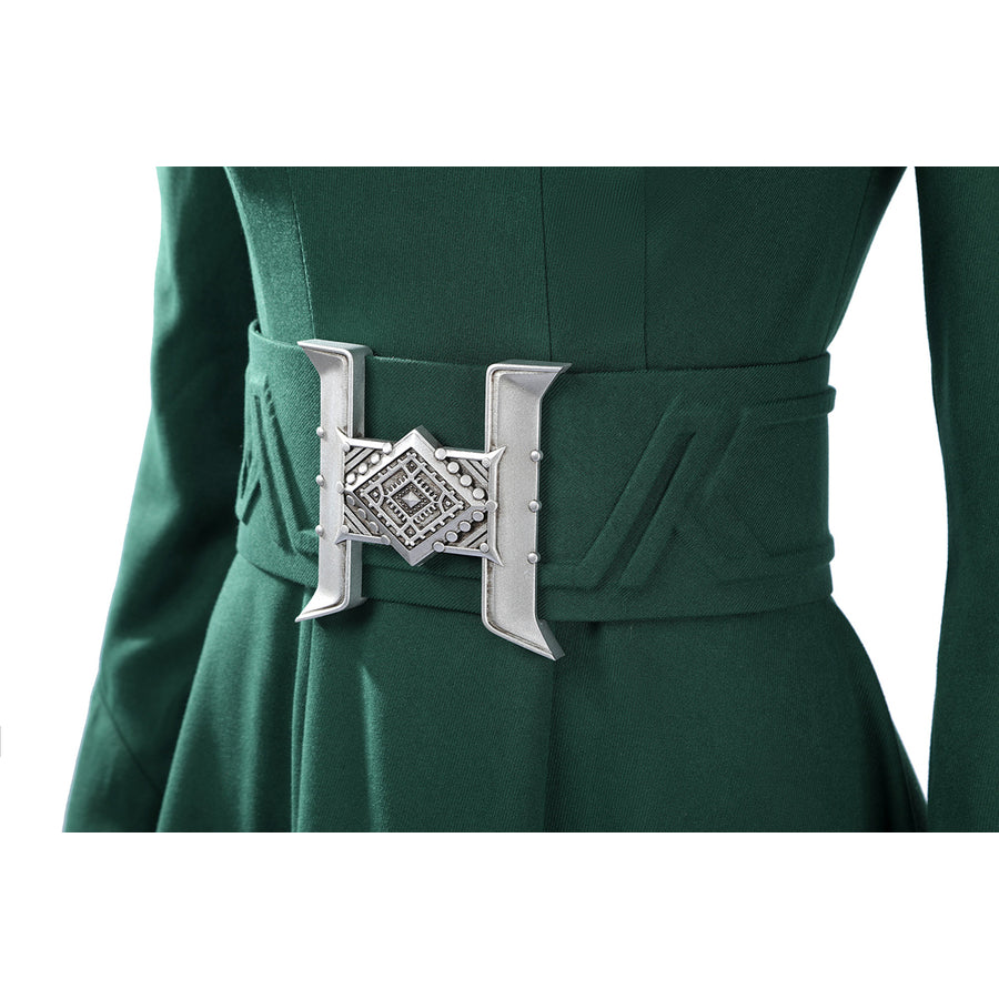 Latverian Witch cosplay costume centers green waist cincher with textured detail and silver-tone metallic buckle.