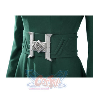 Latverian Witch cosplay costume centers green waist cincher with textured detail and silver-tone metallic buckle.
