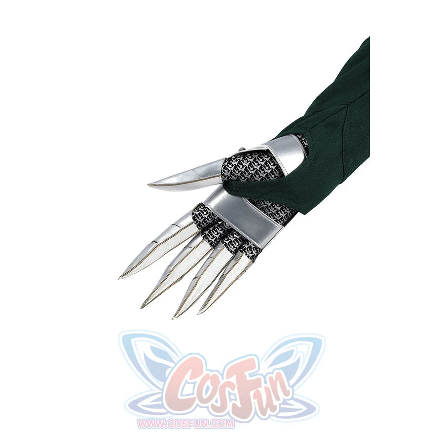 Latverian Witch cosplay costume centers green fabric wrist guard with metallic silver-tone claws and chainmail detailing.