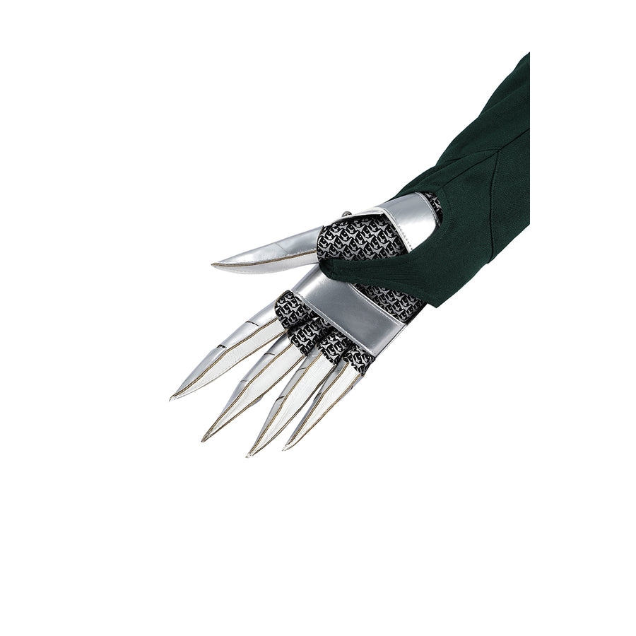 Latverian Witch cosplay costume centers green fabric wrist guard with metallic silver-tone claws and chainmail detailing.