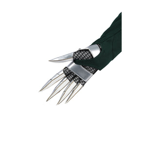 Latverian Witch cosplay costume centers green fabric wrist guard with metallic silver-tone claws and chainmail detailing.