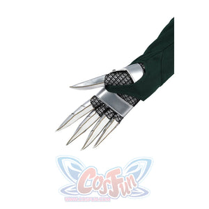 Latverian Witch cosplay costume centers green fabric wrist guard with metallic silver-tone claws and chainmail detailing.