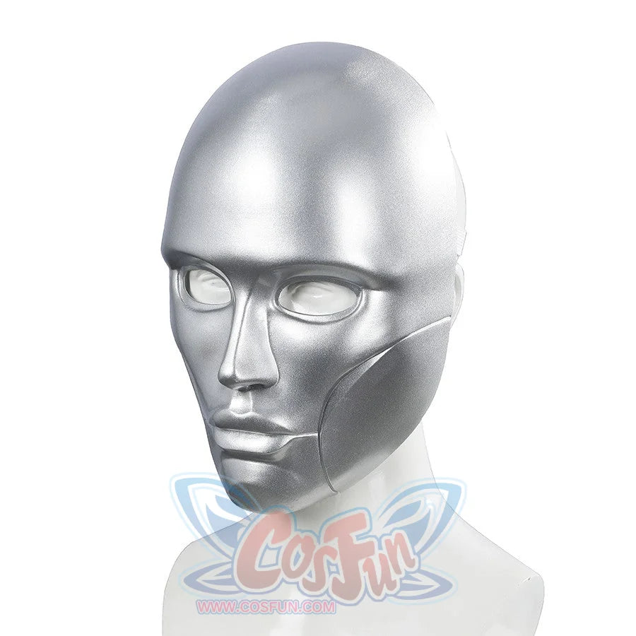 Latverian Witch cosplay mask centers smooth silver-tone glossy finish mask with deep eye openings and sculpted cheek lines.