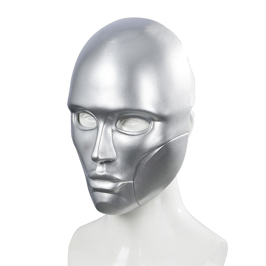 Latverian Witch cosplay mask centers smooth silver-tone glossy finish mask with deep eye openings and sculpted cheek lines.