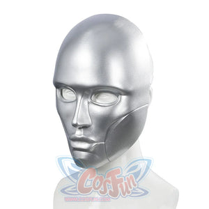 Latverian Witch cosplay mask centers smooth silver-tone glossy finish mask with deep eye openings and sculpted cheek lines.