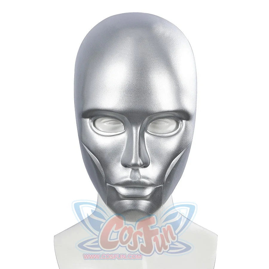 Latverian Witch cosplay mask centers smooth silver-tone glossy finish mask with deep eye openings and sculpted facial.