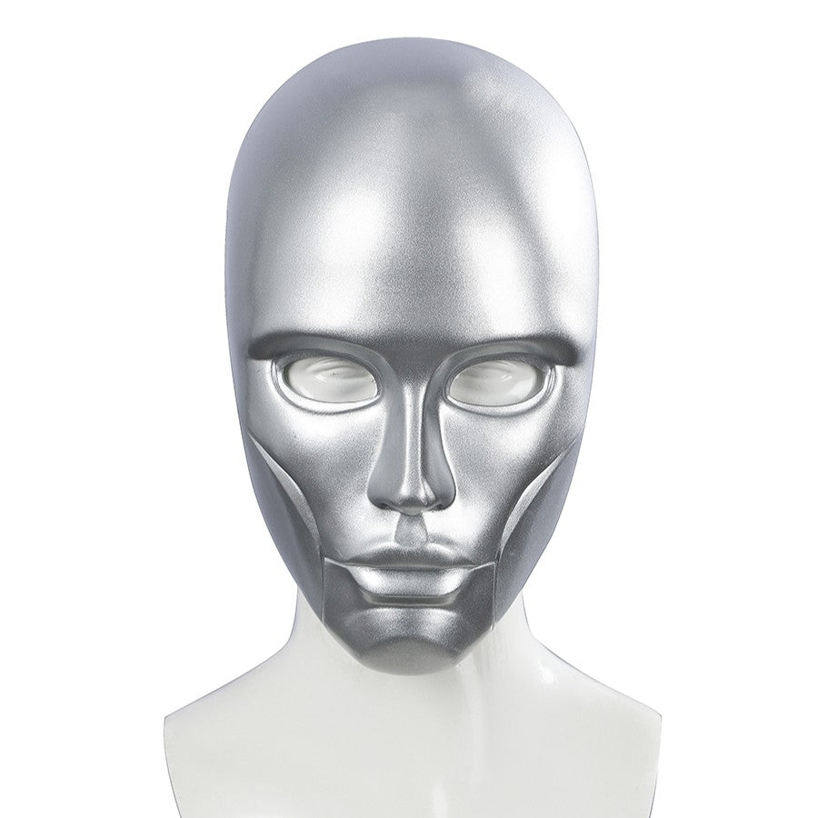 Latverian Witch cosplay mask centers smooth silver-tone glossy finish mask with deep eye openings and sculpted facial.