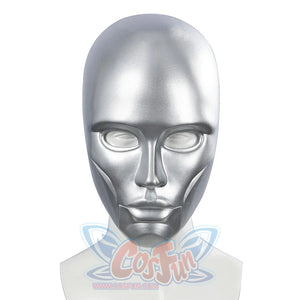 Latverian Witch cosplay mask centers smooth silver-tone glossy finish mask with deep eye openings and sculpted facial.