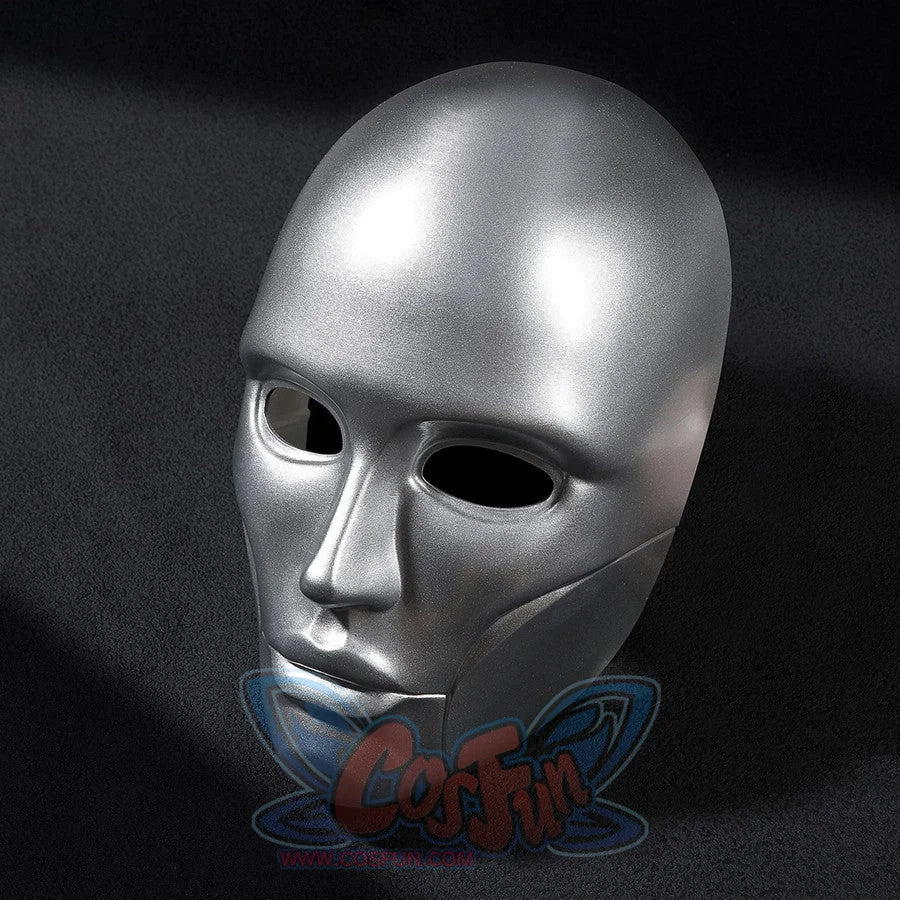 Latverian Witch cosplay mask centers smooth silver-tone glossy finish face mask with sculpted contours and deep eye openings.