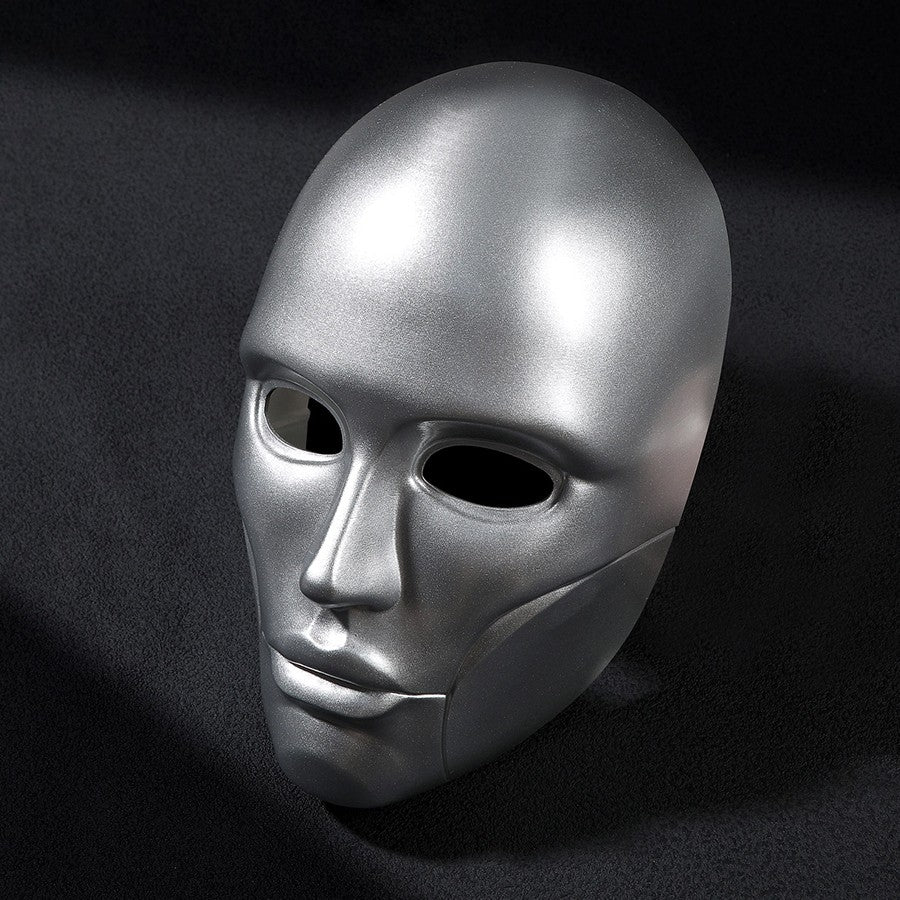 Latverian Witch cosplay mask centers smooth silver-tone glossy finish face mask with sculpted contours and deep eye openings.