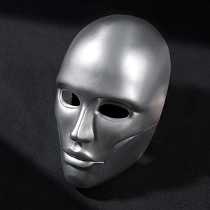 Latverian Witch cosplay mask centers smooth silver-tone glossy finish face mask with sculpted contours and deep eye openings.