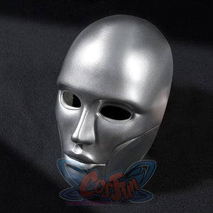 Latverian Witch cosplay mask centers smooth silver-tone glossy finish face mask with sculpted contours and deep eye openings.