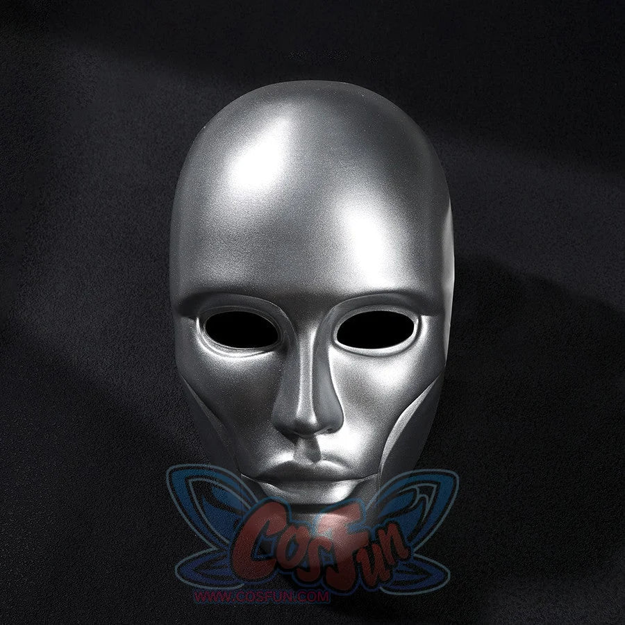 Latverian Witch cosplay mask centers smooth silver-tone glossy finish mask with deep eye openings and sculpted facial.