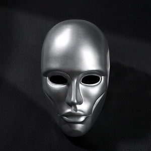 Latverian Witch cosplay mask centers smooth silver-tone glossy finish mask with deep eye openings and sculpted facial.