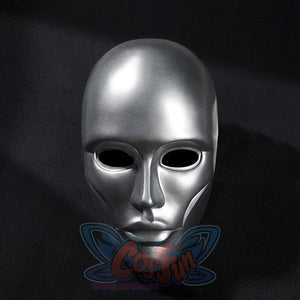 Latverian Witch cosplay mask centers smooth silver-tone glossy finish mask with deep eye openings and sculpted facial.