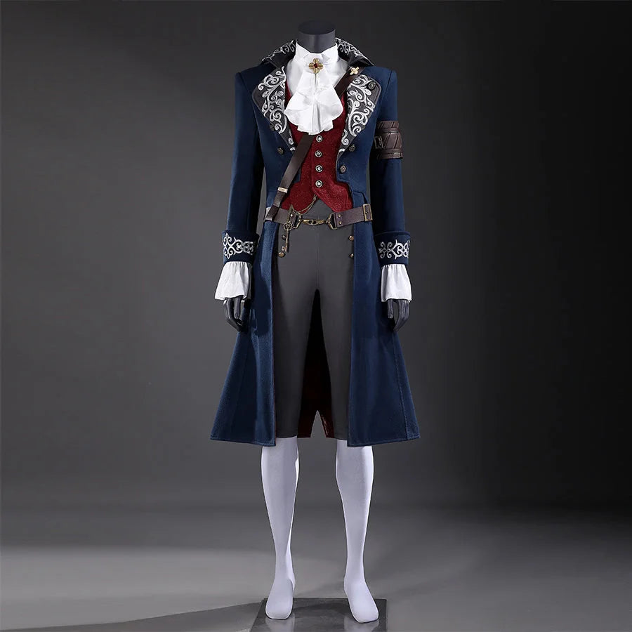 COSFUN Lies of P Pinocchio cosplay costume layers a navy coat over a red vest and ruffled white shirt