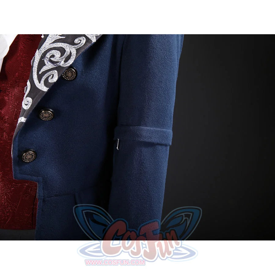 Lies of P Pinocchio cosplay costume coat panel detail sets navy fabric beside silver embroidery and red vest trim