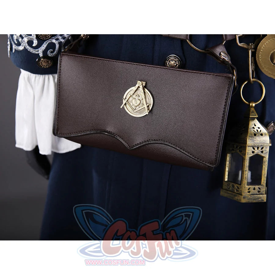 Lies of P Pinocchio cosplay costume pouch close-up centers brown faux leather grain and a gold-tone badge