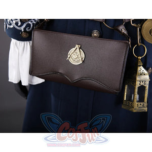 Lies of P Pinocchio cosplay costume pouch close-up centers brown faux leather grain and a gold-tone badge