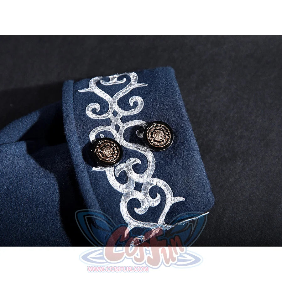 Lies of P Pinocchio cosplay costume cuff detail balances silver embroidery and dark buttons on navy fabric