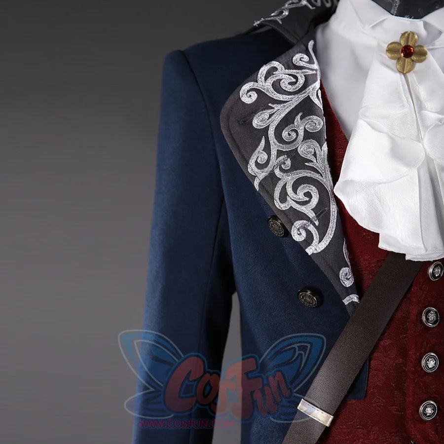 Lies of P Pinocchio cosplay costume lapel detail pairs silver embroidery with navy trim and a red vest