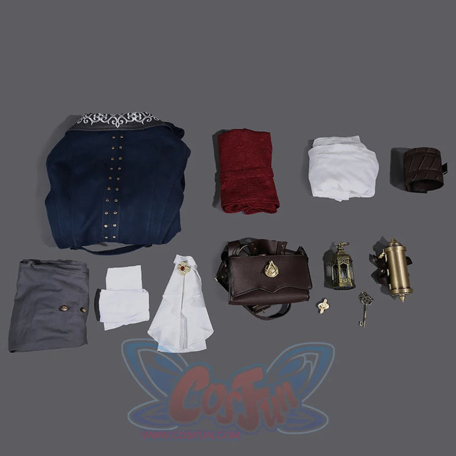 Lies of P Pinocchio cosplay costume flat lay arranges navy outfit pieces around pouch, lantern, key, and props