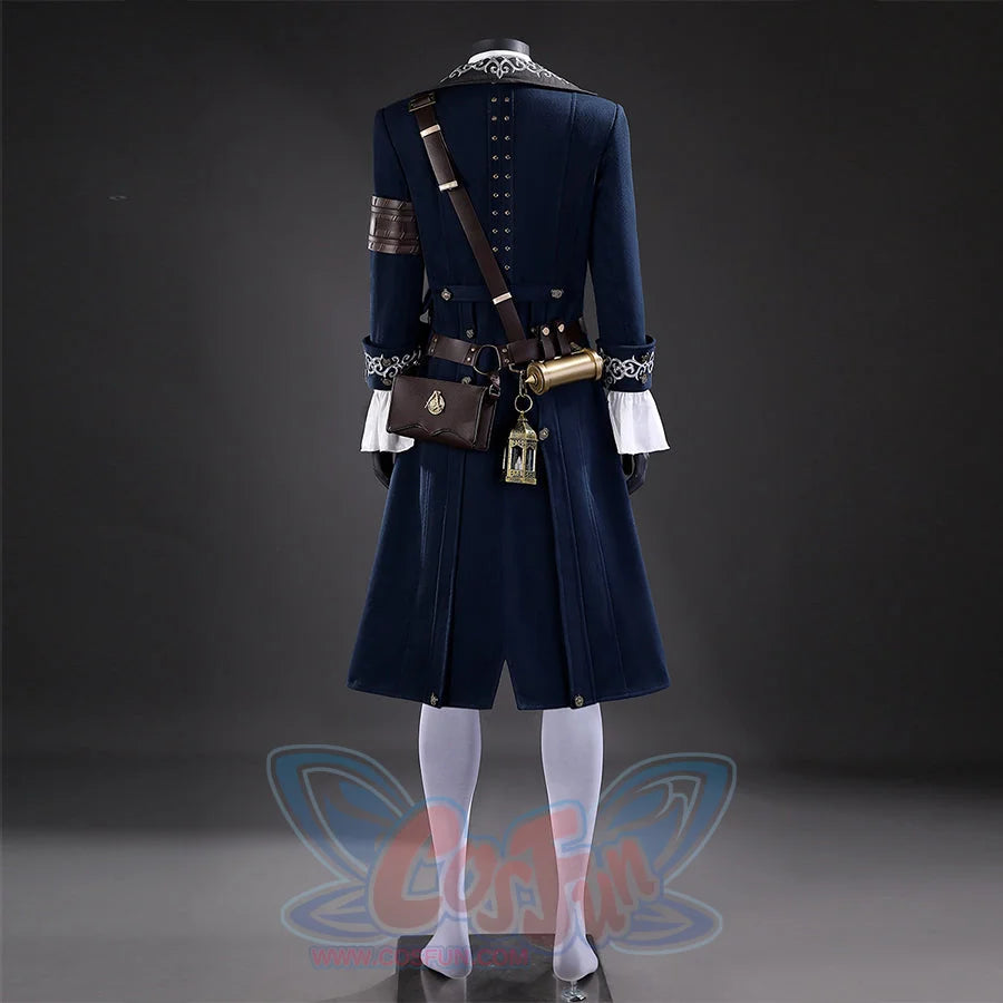 Lies of P Pinocchio cosplay costume back view sets a long navy coat over gray pants and a belted pouch