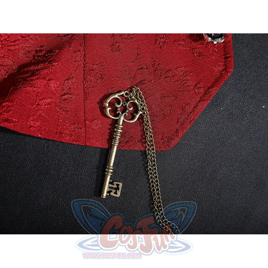 Lies of P Pinocchio cosplay costume belt detail hangs a brown waist pouch beside a small lantern charm