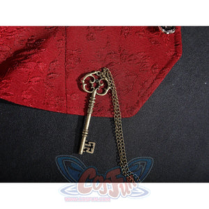 Lies of P Pinocchio cosplay costume belt detail hangs a brown waist pouch beside a small lantern charm