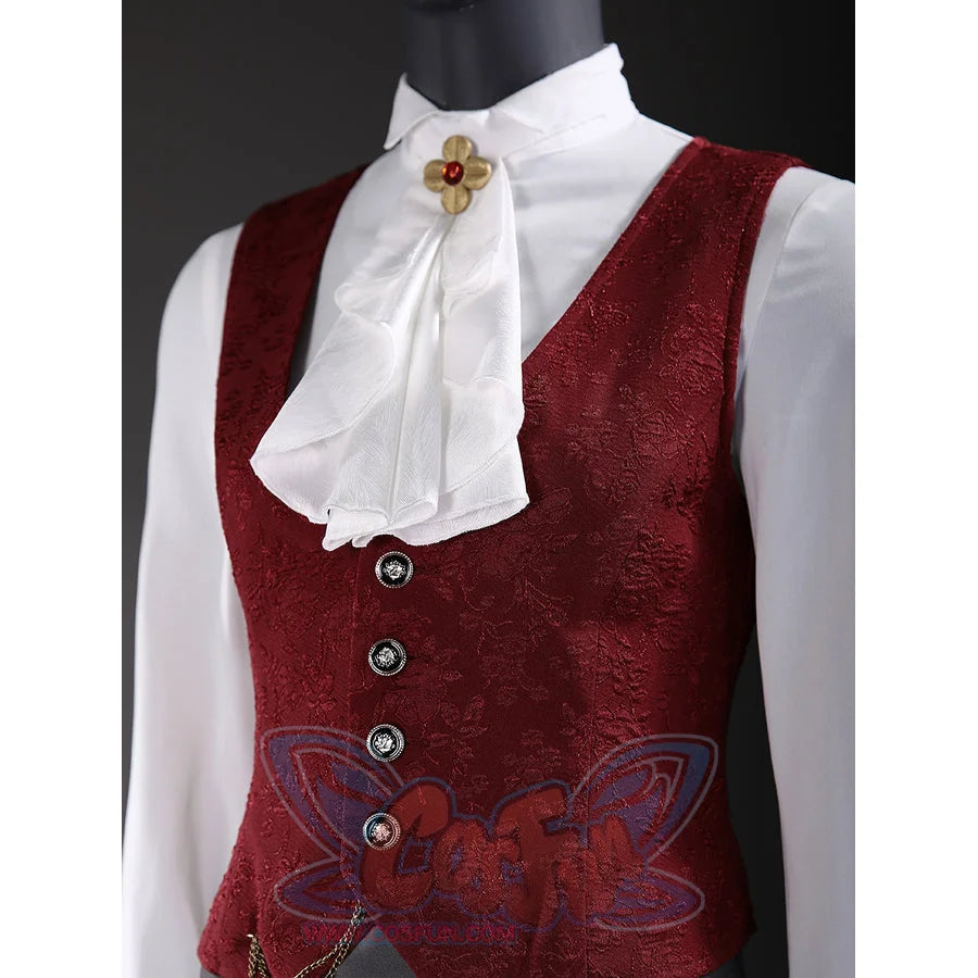 Lies of P Pinocchio cosplay costume vest detail layers a red waistcoat under a ruffled white shirt and brooch
